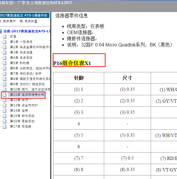 2017年凯迪拉克ATS-L仪表插头针脚定义