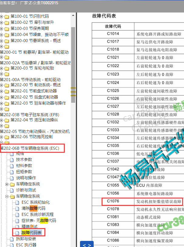 2015年众泰T600 故障码C1076解析