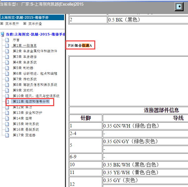 2015年别克凯越仪表针脚资料