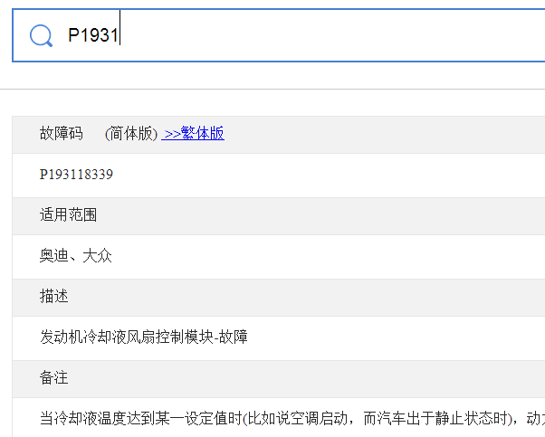奥迪大众P1931故障码资料