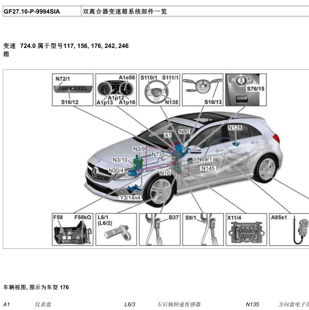 2015年奔驰GLA200变速箱元件位置