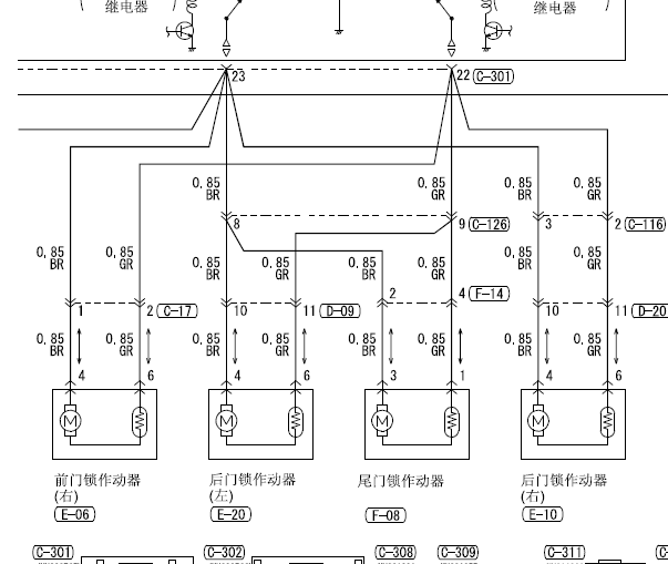 2011-2014年三菱君阁 中控锁线路图