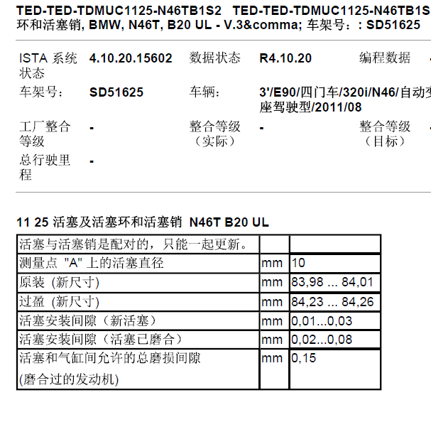 2011年宝马320 N46发动机活塞间隙