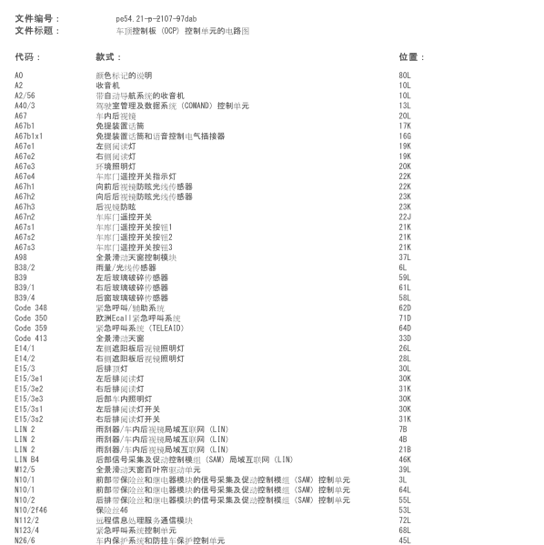 2010年奔驰E300L车顶控制单元电路图
