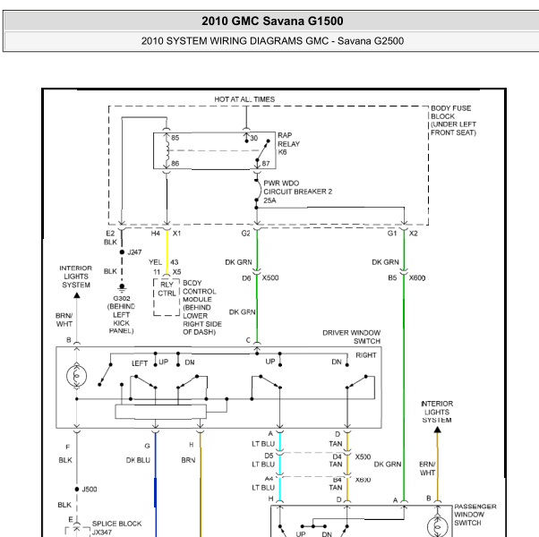 2010年GMC玻璃升降器电路图