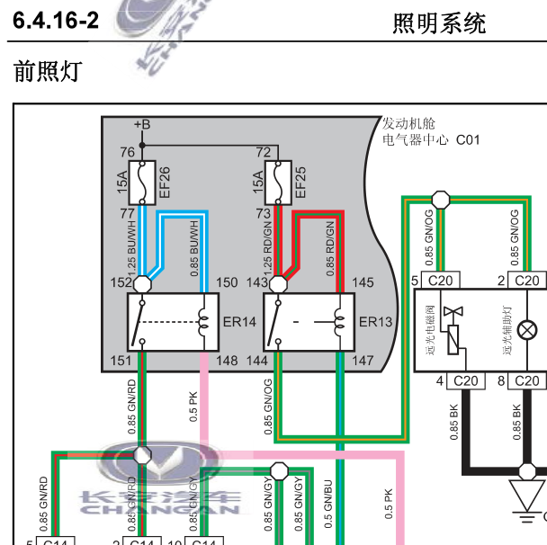 2014年长安逸动前大灯灯光电路图