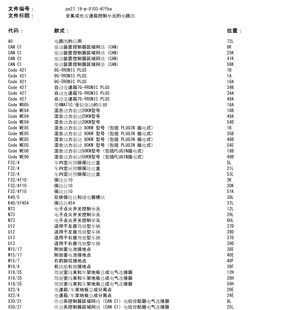 2017年奔驰C200L 变数箱电路图