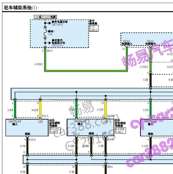 2018-2019年起亚K2倒车雷达电路图
