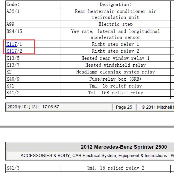 2012年奔驰凌特K117 继电器资料