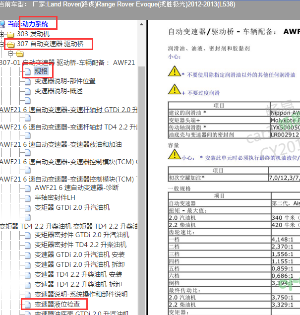 2012年路虎极光变速箱油相关资料