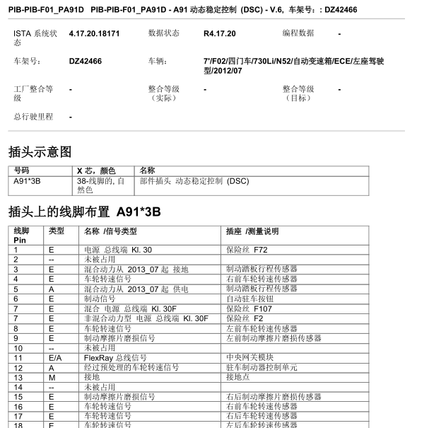 2012年宝马730LIAbs泵的针脚定义图