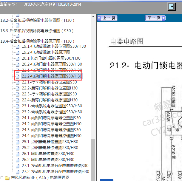 2013-2014年风神H30 门锁电路图.