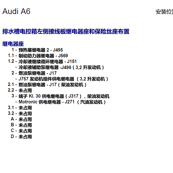 2005年奥迪A6L 排水槽左继电器
