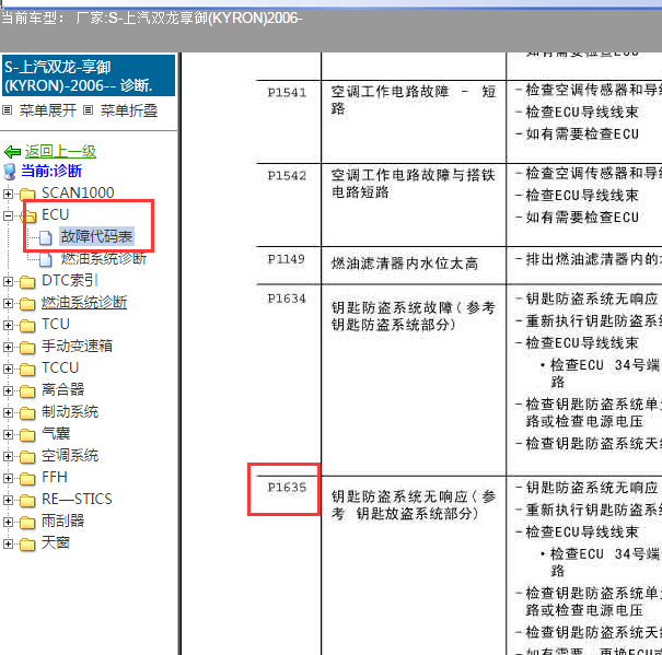 2006年双龙享御P1635故障码