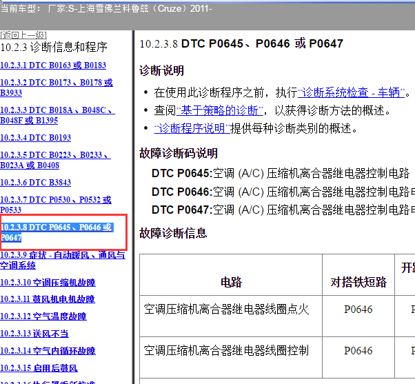 2011年雪佛兰科鲁兹P0646故障码资料