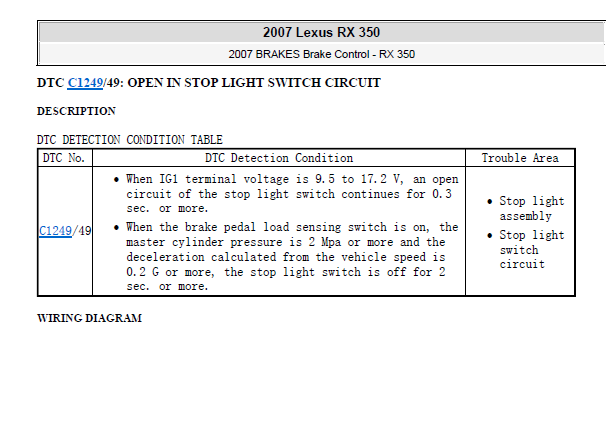 2007年雷克萨斯RX350 C1249故障码
