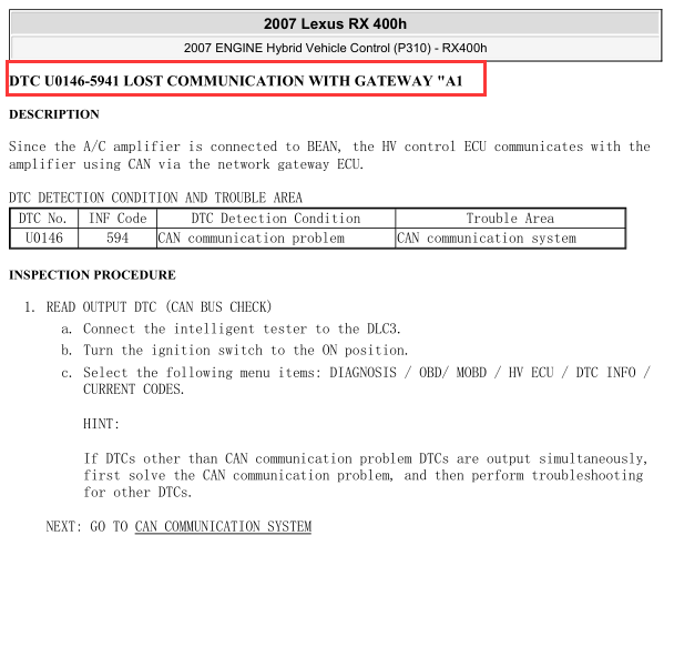 07年雷克萨斯RX400H故障码U0146解析