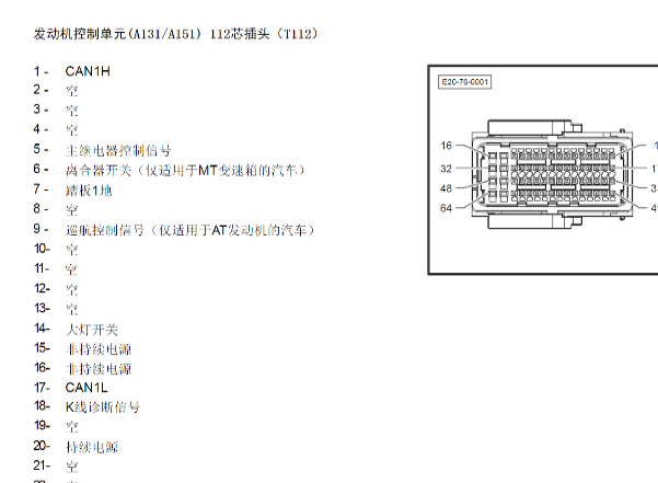 北汽绅宝D系列A151发动机针脚