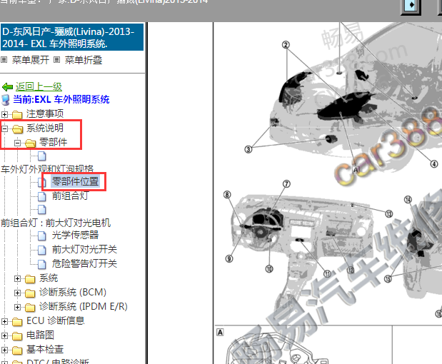 2013-2014年日产骊威转向灯和警告灯部件位置