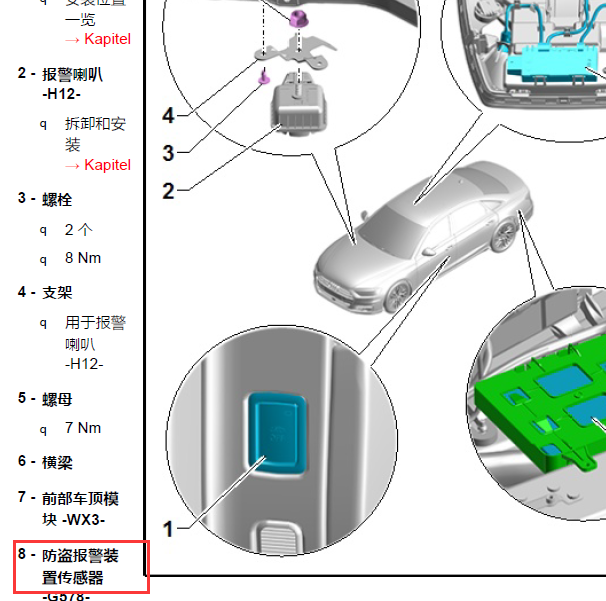 2019年奥迪A8L 报警喇叭传感器位置