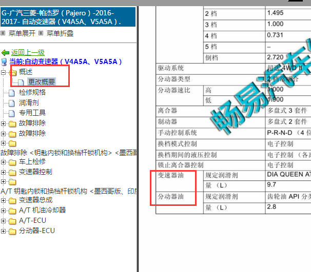 2016-2017年三菱帕杰罗变速箱和分动箱油