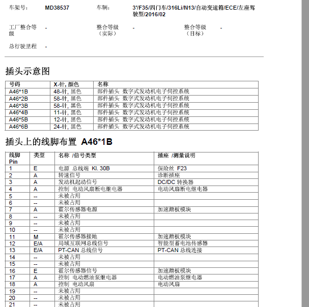 2016年宝马316 发动机针脚