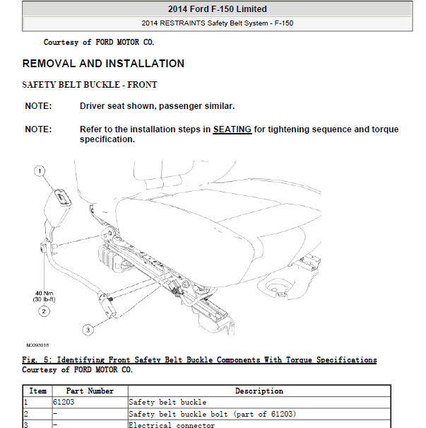 2014年福特猛禽F150 安全带系统维修资料