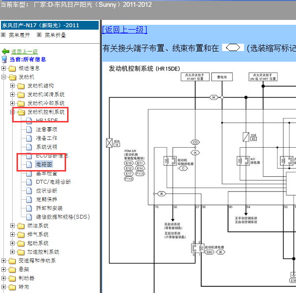 2011-2012年日产阳光HR15发动机电路图