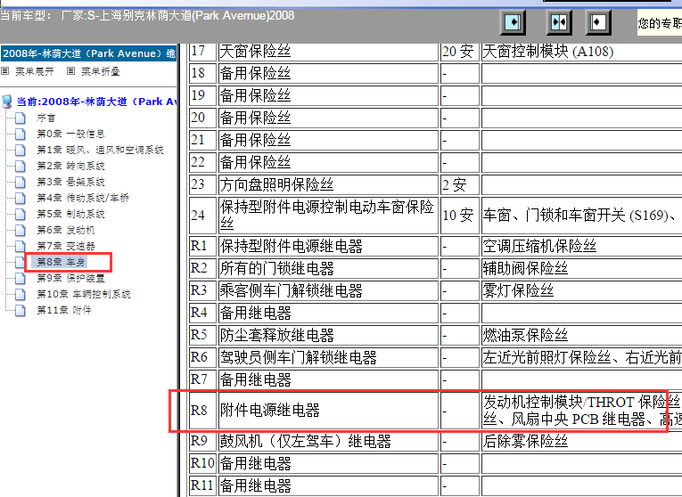 2008年别克林荫大道附件电源继电器说明