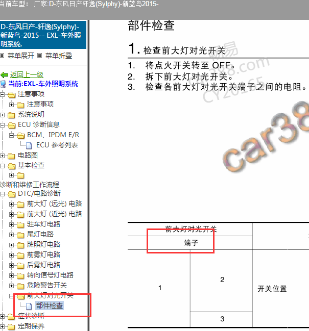 2015年日产轩逸 大灯开关针脚
