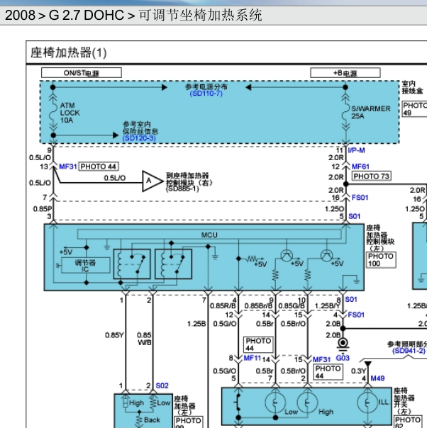 2008年胜达座椅加热电路图