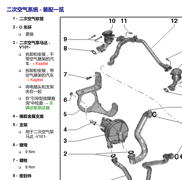 2009年奥迪A6L二次空气阀位置