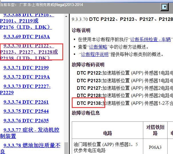 2013-2014年别克君威P2138故障码