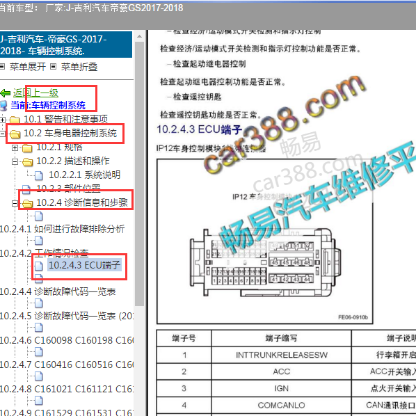 2018年吉利帝豪gs的车身电脑模块的端子图