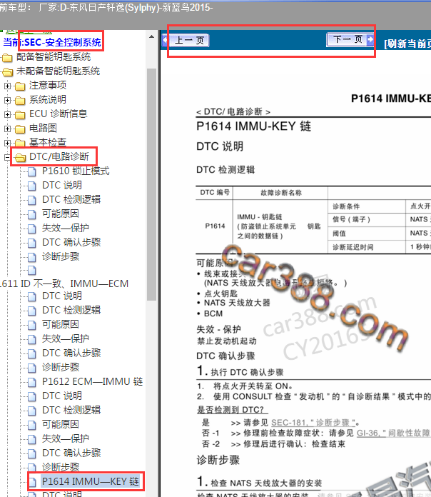 2015年日产蓝鸟故障码P1614解析