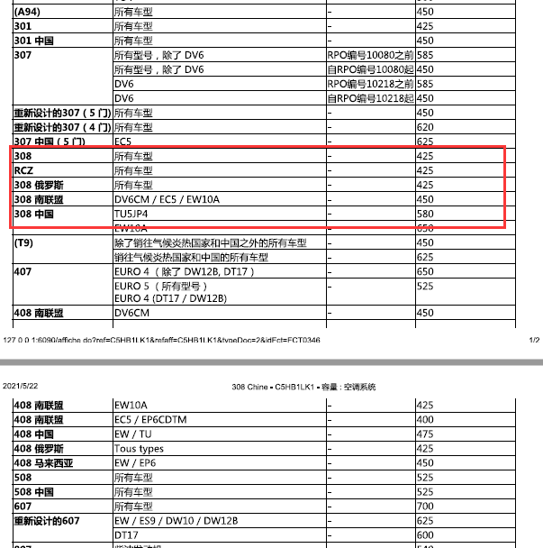标致308空调加注量