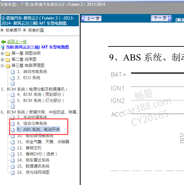 2014年奇瑞风云2 仪表和ABS电路图