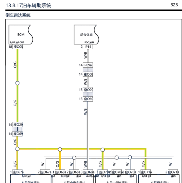 2019年帝豪GL的倒车雷达系统的电路图
