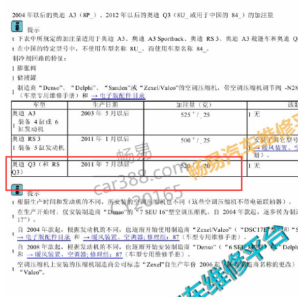 奥迪Q3空调加注量