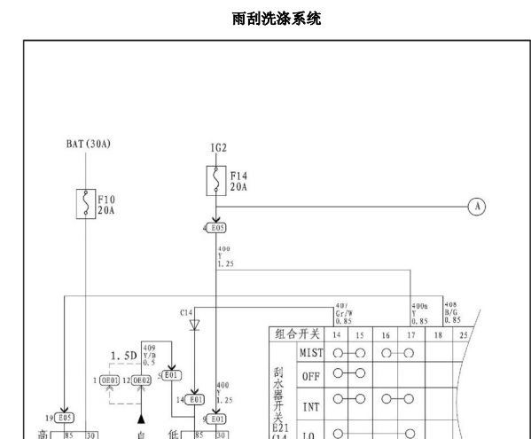 2013年华泰E70雨刮喷水电路图
