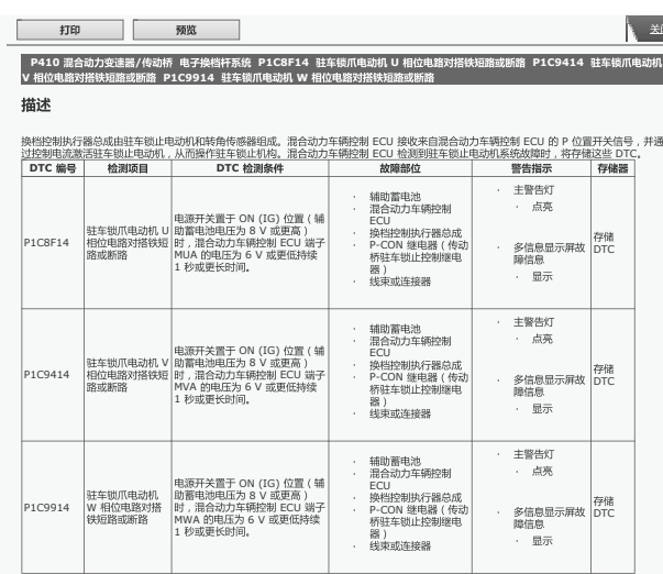 丰田雷凌故障码P1C8949,P1C8F14,P1C9414,P1C9914 C1364