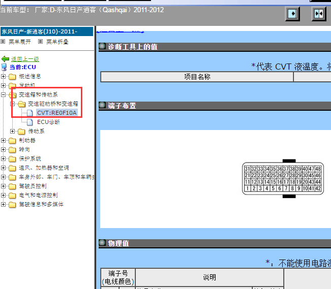 2011-2012年日产逍客变速箱针脚资料