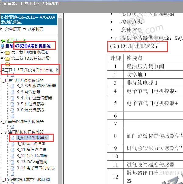 2011年比亚迪G6发动机针脚定义