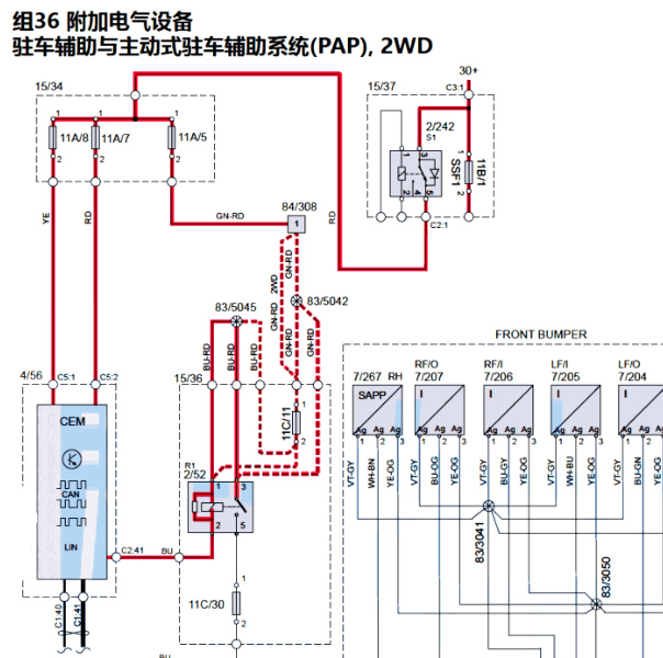 2017年沃尔沃V40 驻车雷达电路图