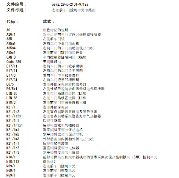 2010年奔驰C200左侧前车门控制单元电路图