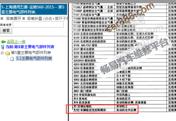 2015年五菱宝骏560 K102部件位置