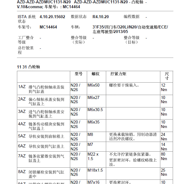 2013年宝马320 N20发动机凸轮轴相关扭矩