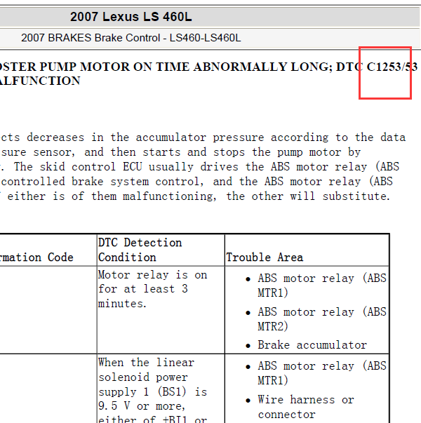 2007年雷克萨斯LS460L C1253故障码