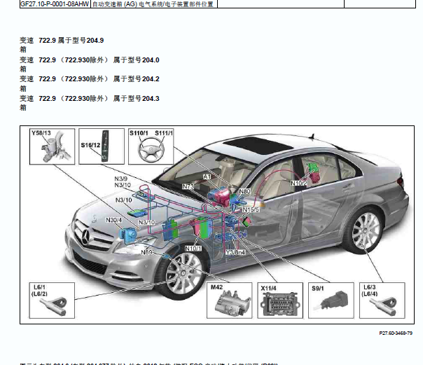 2013年奔驰C260变速箱部件位置
