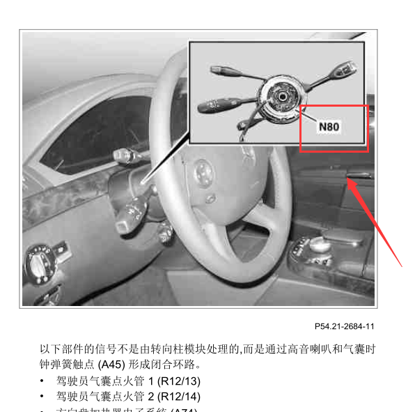 2010年奔驰S600转向柱模块位置
